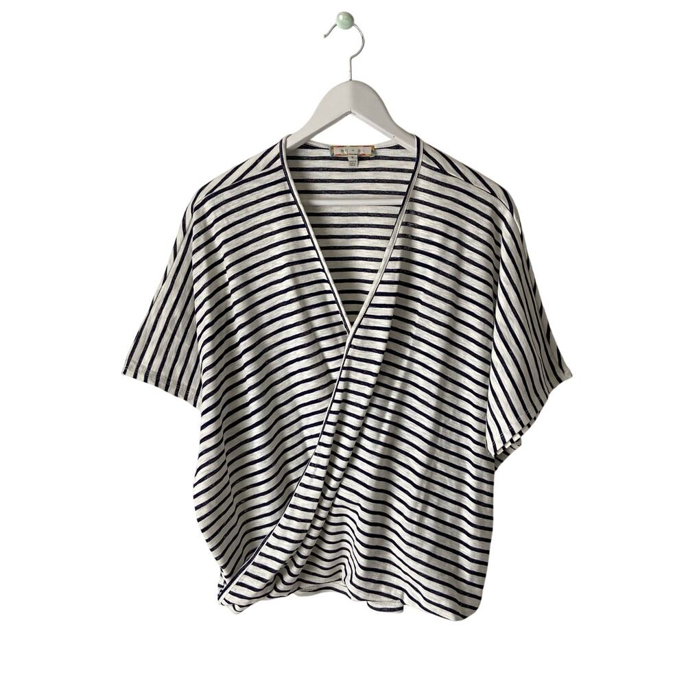 Anthropologie Eri+Ali Navy Joceline Striped Faux Wrap Top Size Small